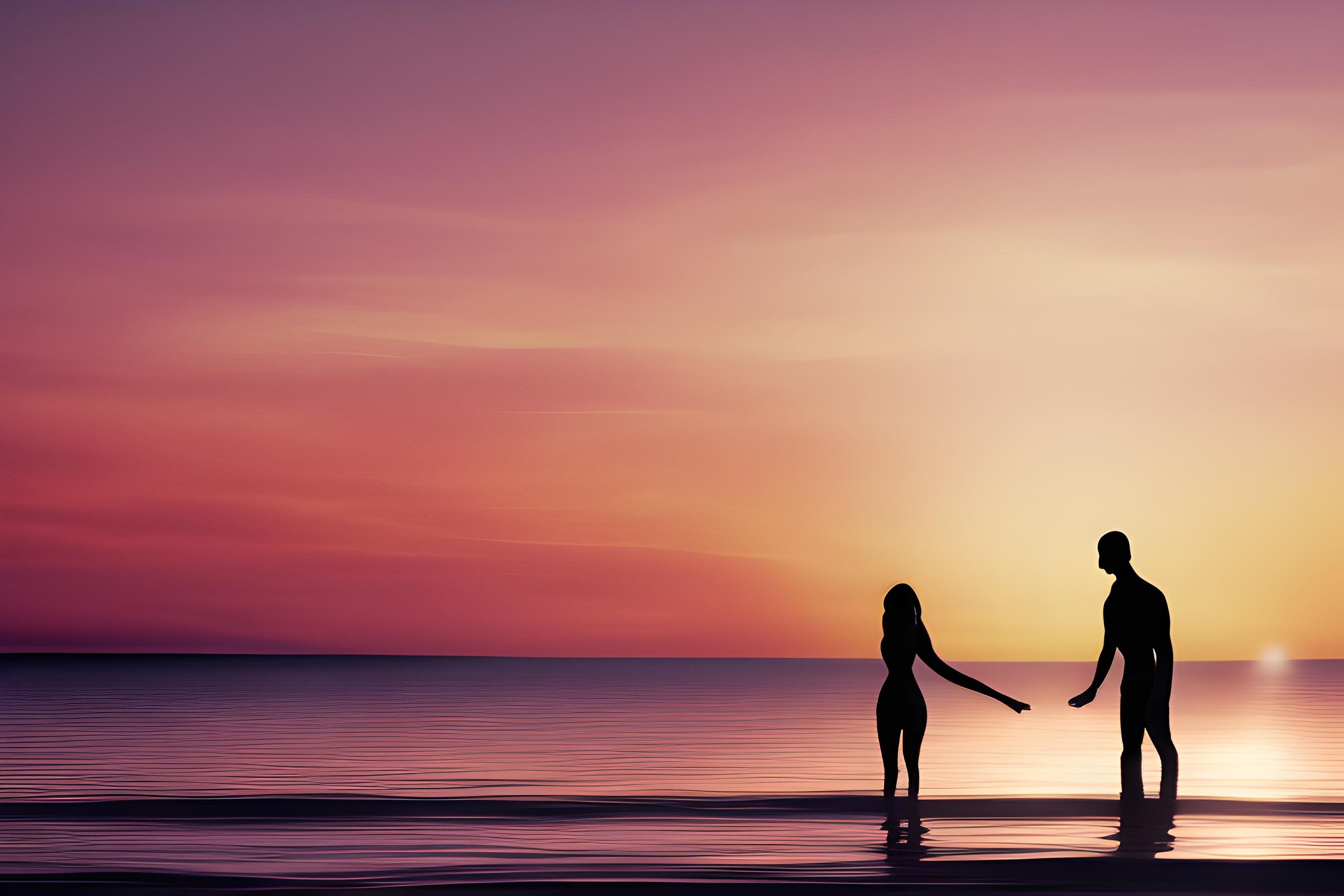 Two human silhouettes, a man and a woman, standing together in the sea, water reaching their waists…